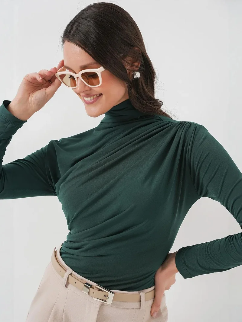 Big Dart Emerald Green BDART Fitted Turtleneck Blouse with Drape Detail for Women | Best Price UAE