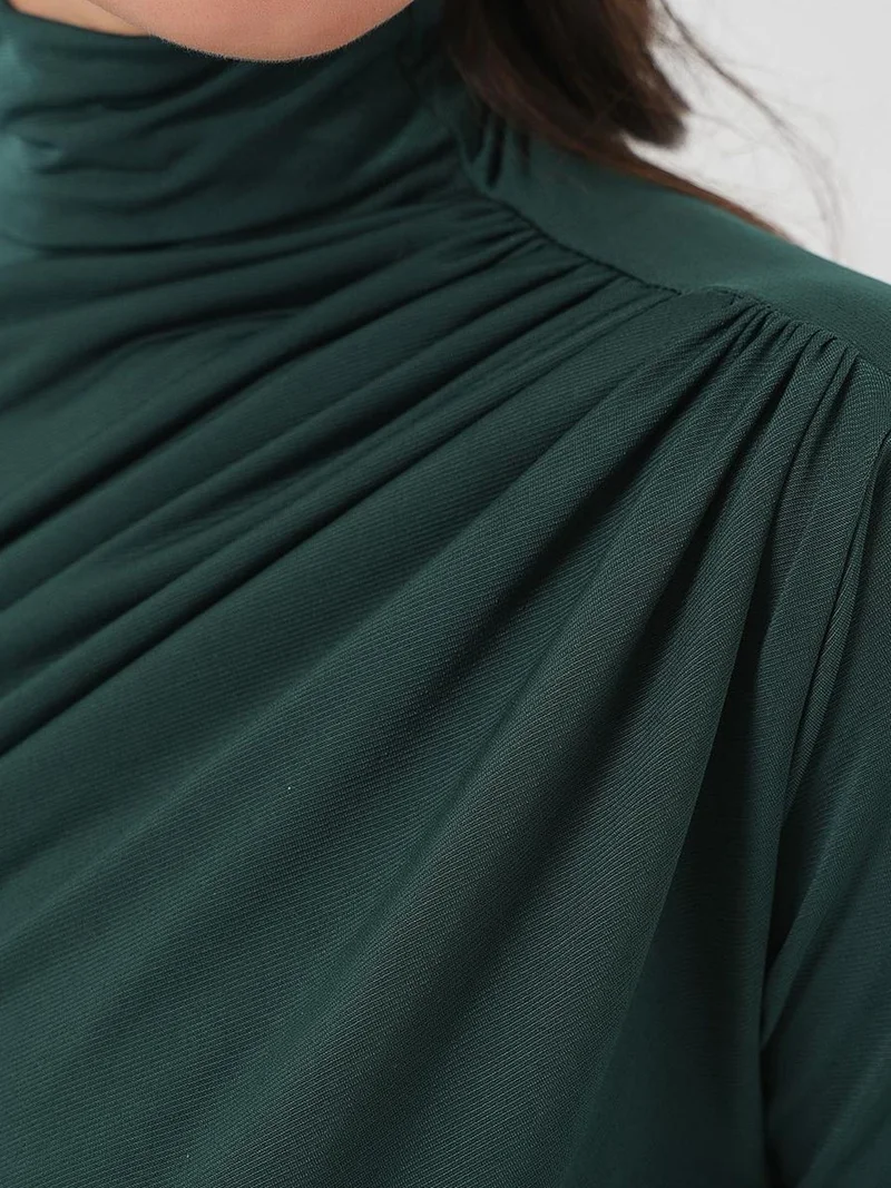 Big Dart Emerald Green BDART Fitted Turtleneck Blouse with Drape Detail for Women | Best Price UAE