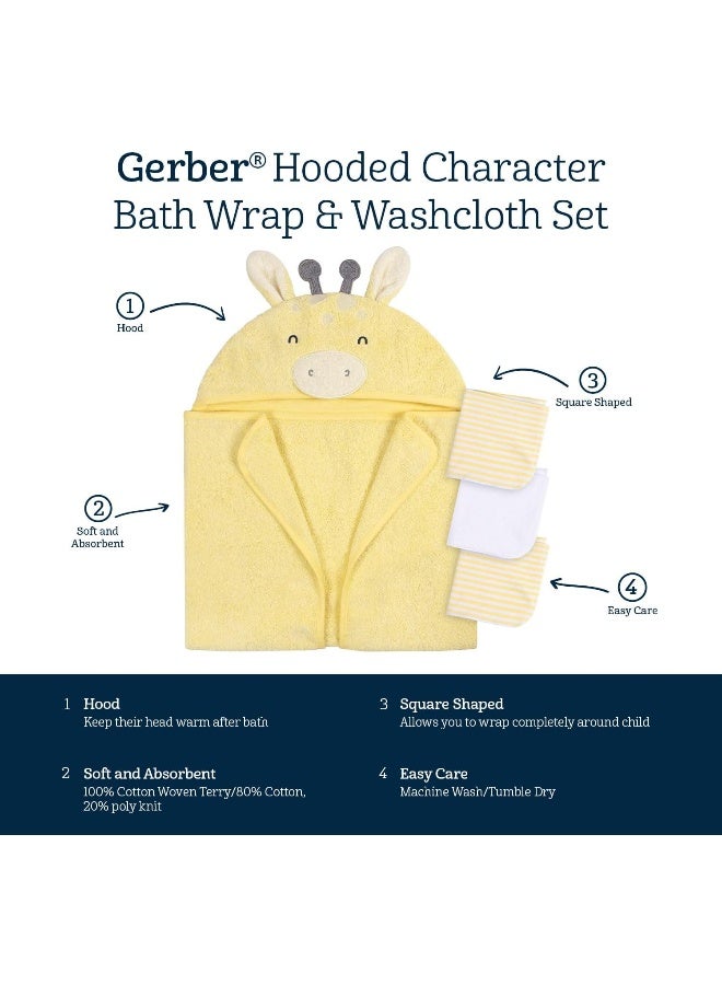 Gerber Gerber Baby 4 Piece Animal Character Hooded Towel and Washcloth Set, Yellow Giraffe, One Size  - Image 2