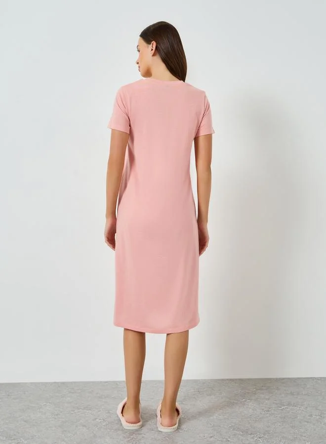 Styli  Pink Short Sleeve Nightdress with Pocket for Women | Best Price UAE