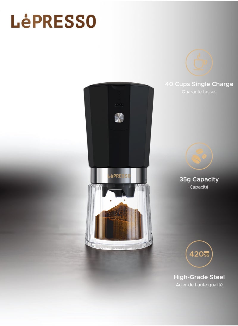 LePRESSO Conical Burr Grinder Cordless Electric /18W /800mAh / High-Precision Grinding / 35g Bean Capacity / 40 Cups Single Charge - Black  - Image 2
