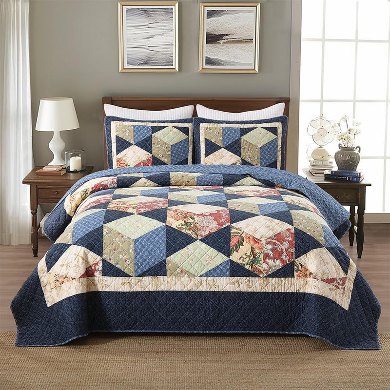 camandy Cotton Bedspread Quilt Bedding Sets Real Patchwork Blue Reversible Coverlet Sets Bedding Sets, Luxury Floral Cubical Pattern, Queen Size - Image 1
