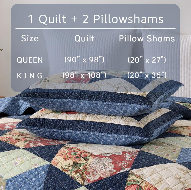 camandy Cotton Bedspread Quilt Bedding Sets Real Patchwork Blue Reversible Coverlet Sets Bedding Sets, Luxury Floral Cubical Pattern, Queen Size - Image 5