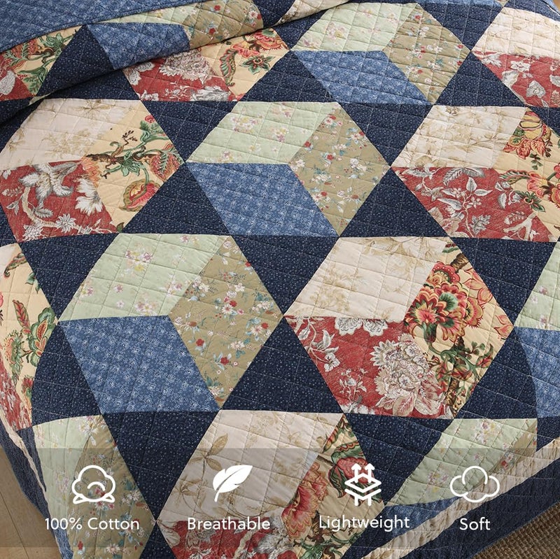 camandy Cotton Bedspread Quilt Bedding Sets Real Patchwork Blue Reversible Coverlet Sets Bedding Sets, Luxury Floral Cubical Pattern, Queen Size - Image 3