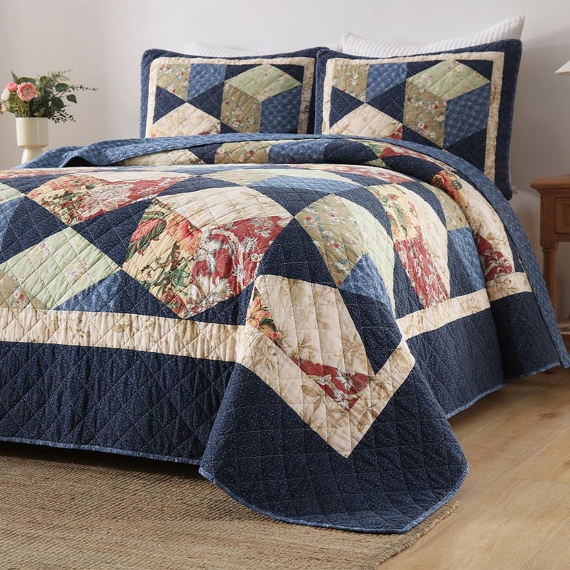camandy Cotton Bedspread Quilt Bedding Sets Real Patchwork Blue Reversible Coverlet Sets Bedding Sets, Luxury Floral Cubical Pattern, Queen Size - Image 2
