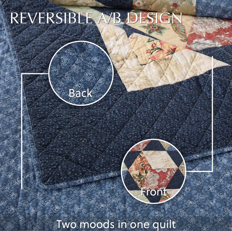camandy Cotton Bedspread Quilt Bedding Sets Real Patchwork Blue Reversible Coverlet Sets Bedding Sets, Luxury Floral Cubical Pattern, Queen Size - Image 4