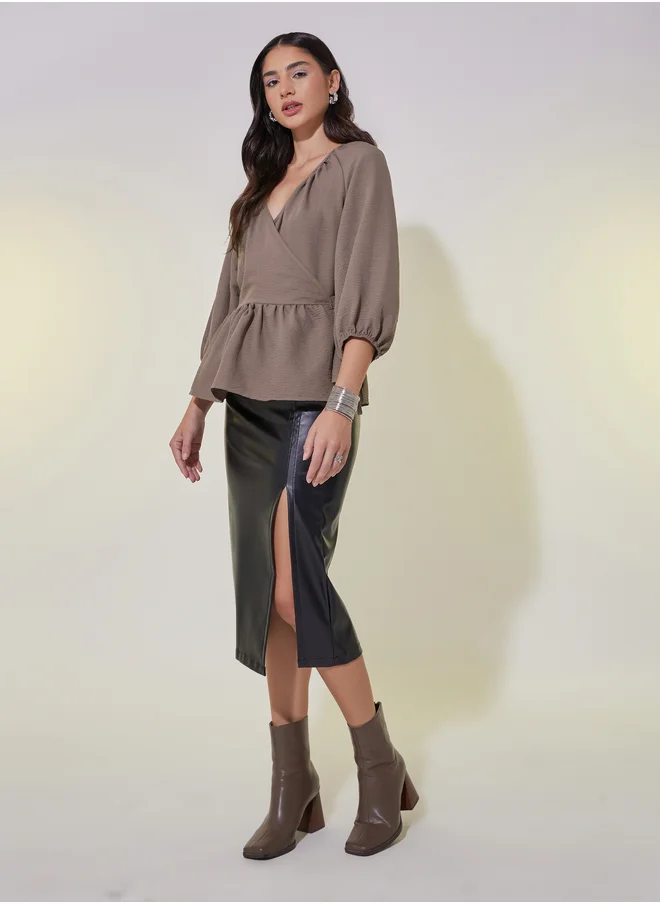 Styli Solid Balloon Sleeves Ruffled Hem Wrap Top