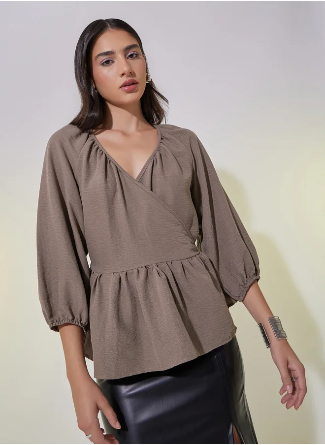 Styli Solid Balloon Sleeves Ruffled Hem Wrap Top
