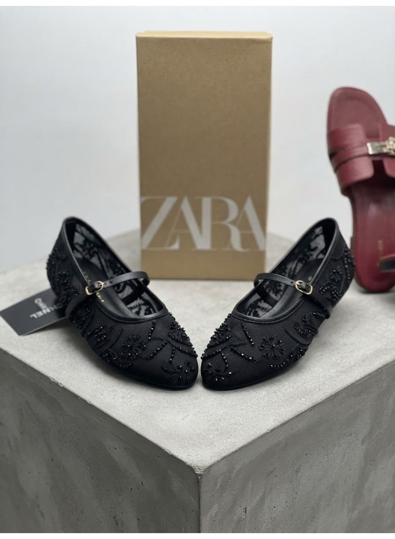 Zara Women's Embellished Ankle Strap Flat Ballet Shoes - Image 2