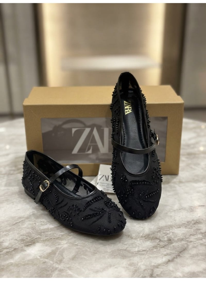 Zara Women's Embellished Ankle Strap Flat Ballet Shoes - Image 1