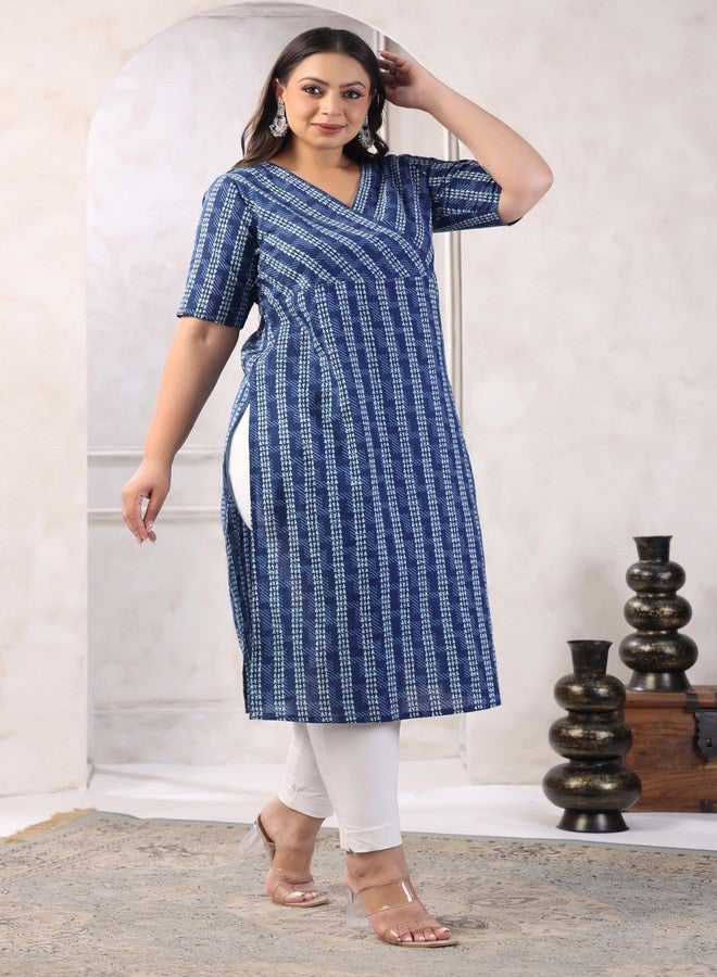 Janasya Women's Plus Size Indigo Pure Cotton Floral Printed Straight Kurta (XLB24KR00645-5XL) - Image 5