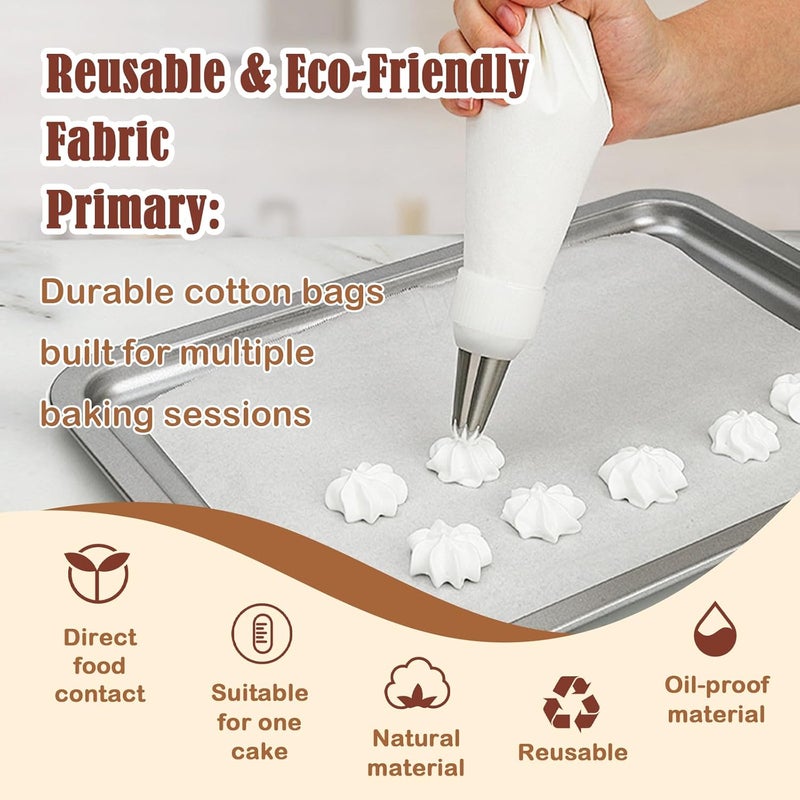 FUGVBB 14-Piece Reusable Piping Bags and Tips Set-16inch Cotton Baking Kit with Coupler, Stainless Steel Nozzles,Silicone Cable Ties& Cleaner for Cakes/Cupcakes/Cookies Decorating - Image 4