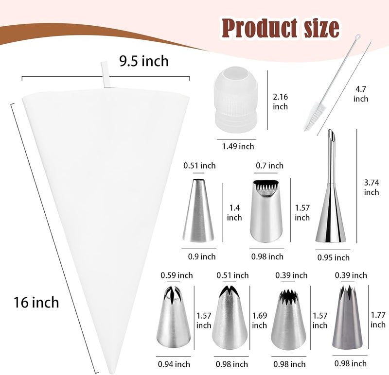 FUGVBB 14-Piece Reusable Piping Bags and Tips Set-16inch Cotton Baking Kit with Coupler, Stainless Steel Nozzles,Silicone Cable Ties& Cleaner for Cakes/Cupcakes/Cookies Decorating - Image 2