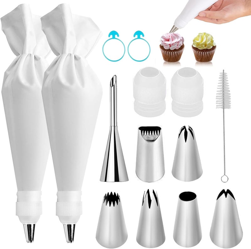 FUGVBB 14-Piece Reusable Piping Bags and Tips Set-16inch Cotton Baking Kit with Coupler, Stainless Steel Nozzles,Silicone Cable Ties& Cleaner for Cakes/Cupcakes/Cookies Decorating - Image 1