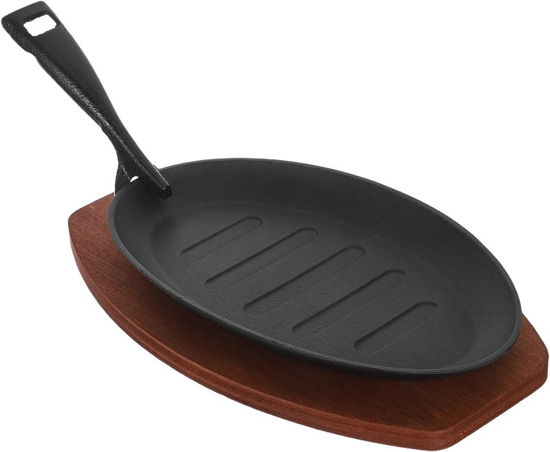 1 Set Cast Iron Skillets Pan with wooden Base and Fork Small Ramekin Casserole Dish Cookware Oven Safe Mini Skillets for Kitchen Picnic 8 Inch - Image 1