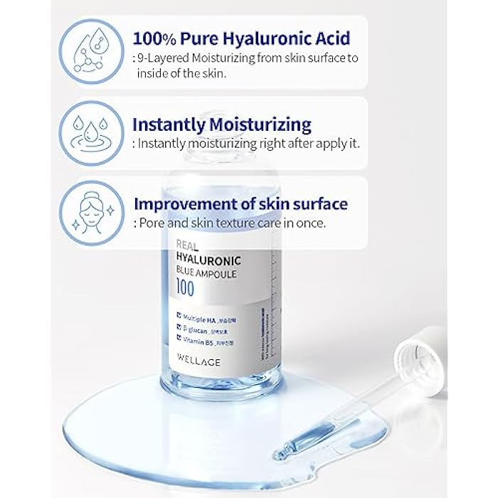 WELLAGE Real Hyaluronic Blue Ampoule 100, Korean Serum, Fragrance Free Hyaluronic Acid Ampoule with Panthenol, Wild yam, Centella for Sensitive Dry Skin Moisturizer 2.54 fl.oz - Image 2