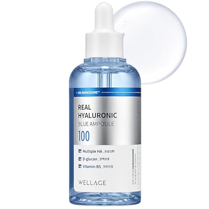 WELLAGE Real Hyaluronic Blue Ampoule 100, Korean Serum, Fragrance Free Hyaluronic Acid Ampoule with Panthenol, Wild yam, Centella for Sensitive Dry Skin Moisturizer 2.54 fl.oz - Image 1