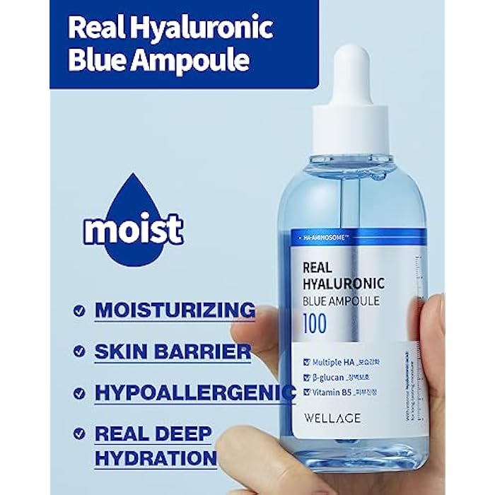 WELLAGE Real Hyaluronic Blue Ampoule 100, Korean Serum, Fragrance Free Hyaluronic Acid Ampoule with Panthenol, Wild yam, Centella for Sensitive Dry Skin Moisturizer 2.54 fl.oz - Image 3