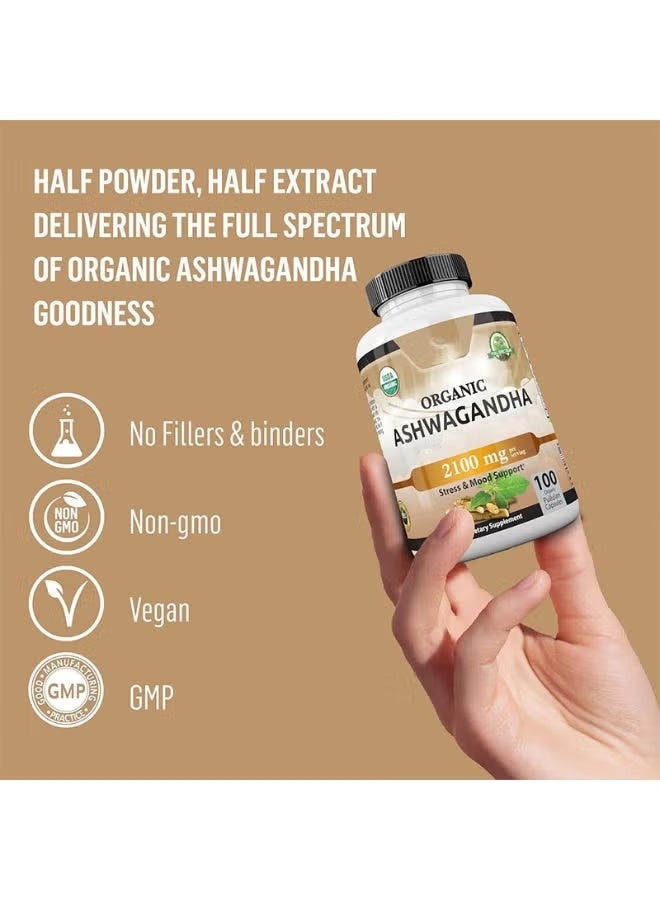 أورجانيك Ashwagandha العضوي 2,100 ملغ - 100 كبسولات نباتية مسحوق Ashwagandha العضوي النقي ومستخلص الجذر - تخفيف الإجهاد ، تعزيز المزاج - Image 3