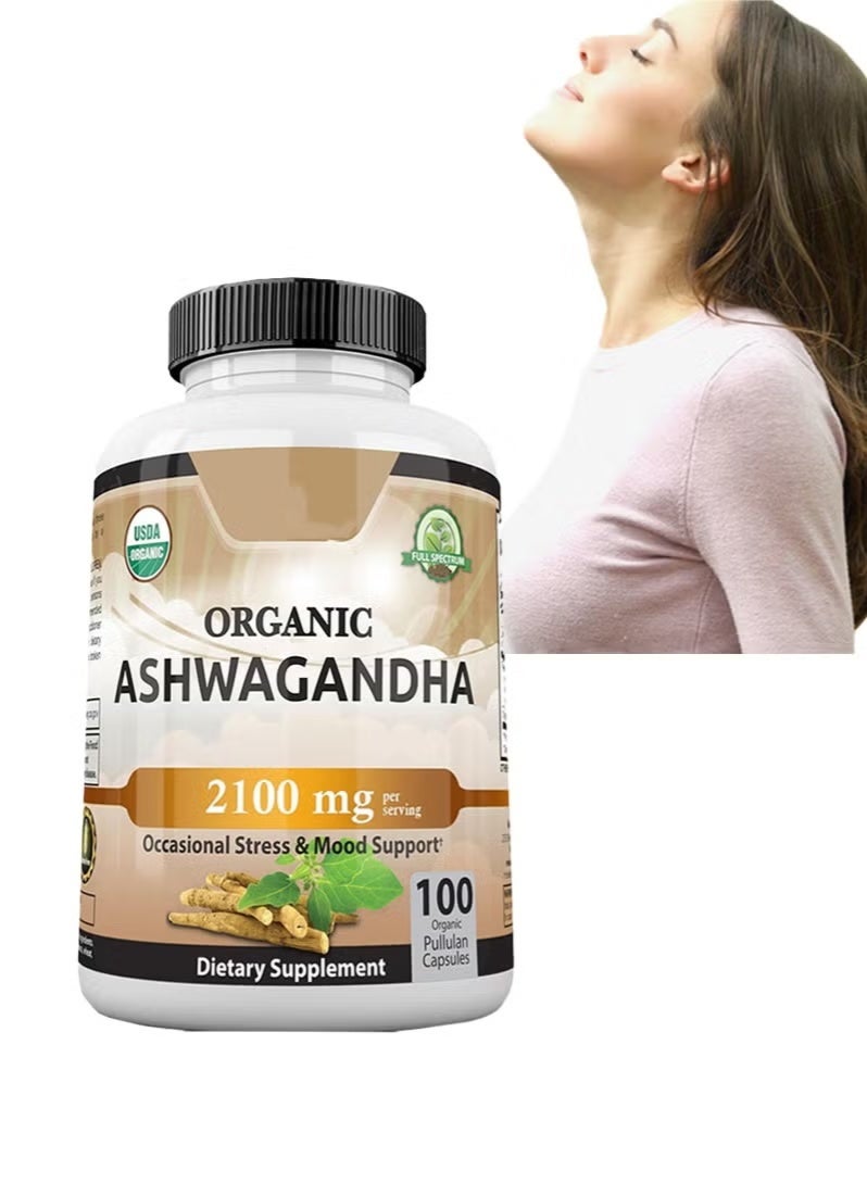 أورجانيك Ashwagandha العضوي 2,100 ملغ - 100 كبسولات نباتية مسحوق Ashwagandha العضوي النقي ومستخلص الجذر - تخفيف الإجهاد ، تعزيز المزاج - Image 1