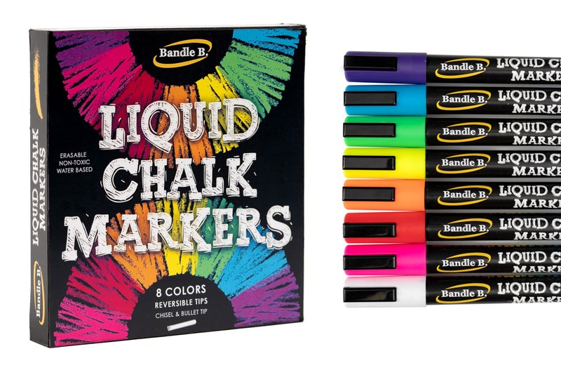 Bandle B. Chalk Markers - 8 Vibrant, Erasable, Non-Toxic, Water-Based, Reversible Tips, For Kids & Adults for Glass or Chalkboard Markers for Businesses, Restaurants, Liquid Chalk Markers (Vibrant 6mm) - Image 1