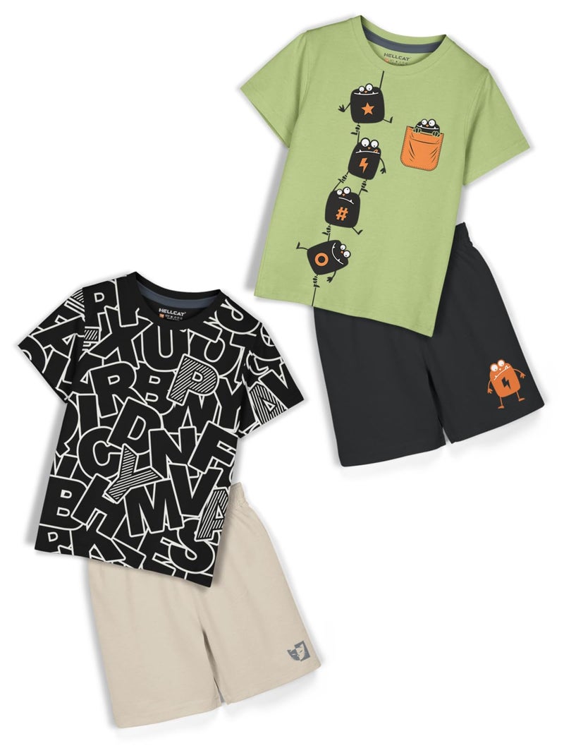 HELLCAT Boys Dress Clothing Set Combo with Tshirts & Shorts - Pack 2 Black/Green 9-10 Years - Image 1