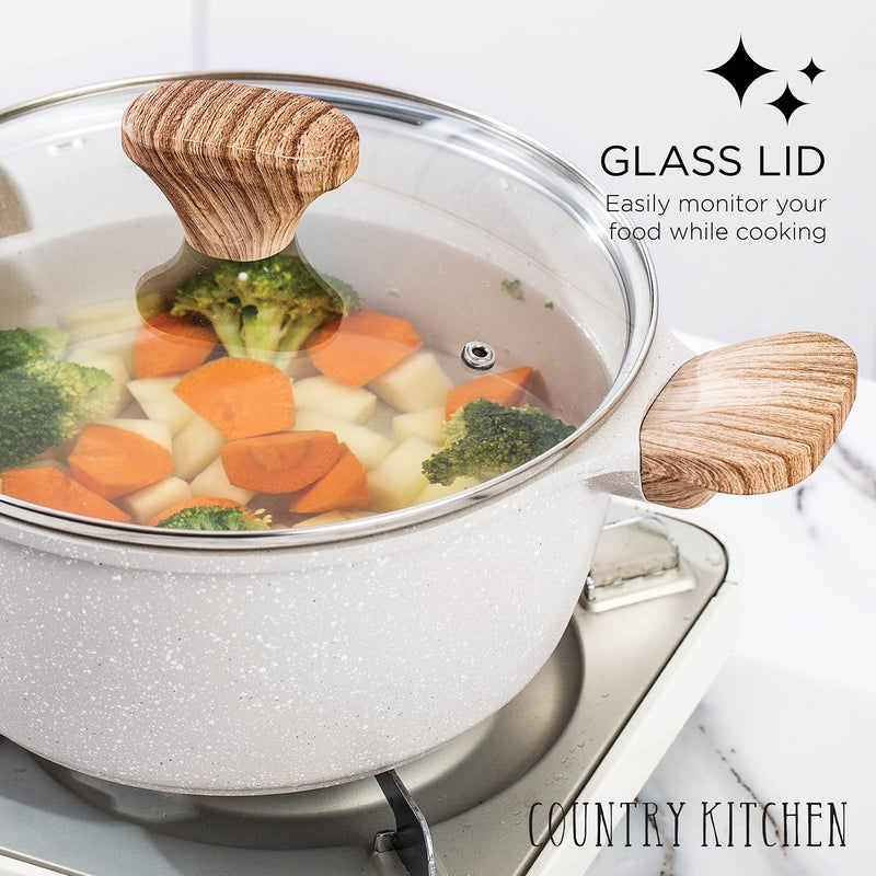 Country Kitchen طقم أواني الطهي من الألمنيوم المصبوب غير اللاصق من Country Kitchen - أواني مطبخ متينة للطهي اليومي، كريمي، 13 قطعة - Image 4