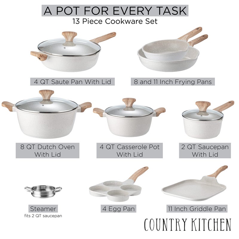 Country Kitchen طقم أواني الطهي من الألمنيوم المصبوب غير اللاصق من Country Kitchen - أواني مطبخ متينة للطهي اليومي، كريمي، 13 قطعة - Image 2