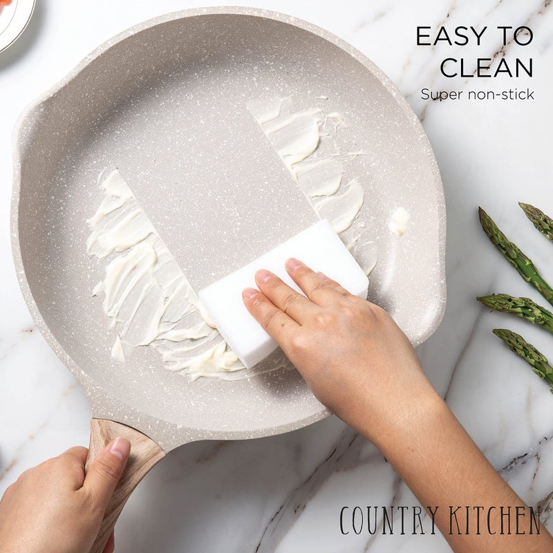 Country Kitchen طقم أواني الطهي من الألمنيوم المصبوب غير اللاصق من Country Kitchen - أواني مطبخ متينة للطهي اليومي، كريمي، 13 قطعة - Image 5
