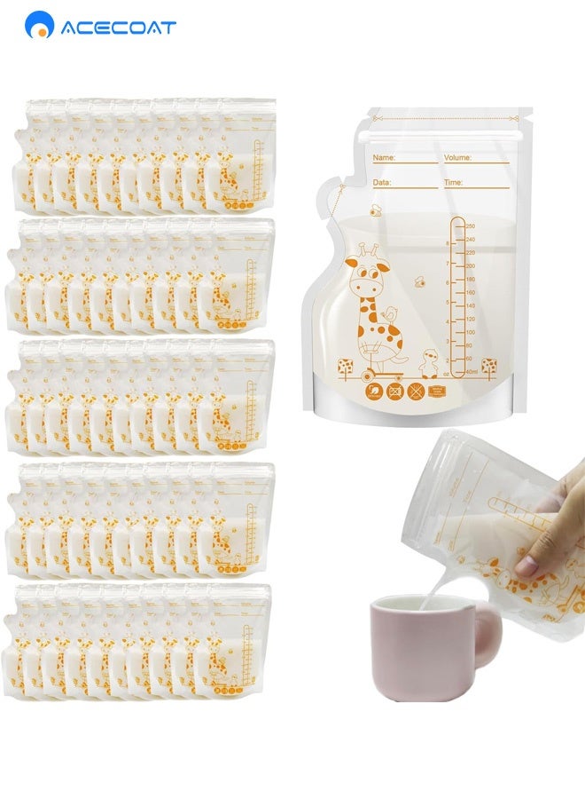 ACECOAT Breastmilk Storage Bags 50 Pack 250ML BPA Free Double Sealed Self Standing Breast Milk Bags for Breastfeeding Daily Use and Baby Feeding - Image 1