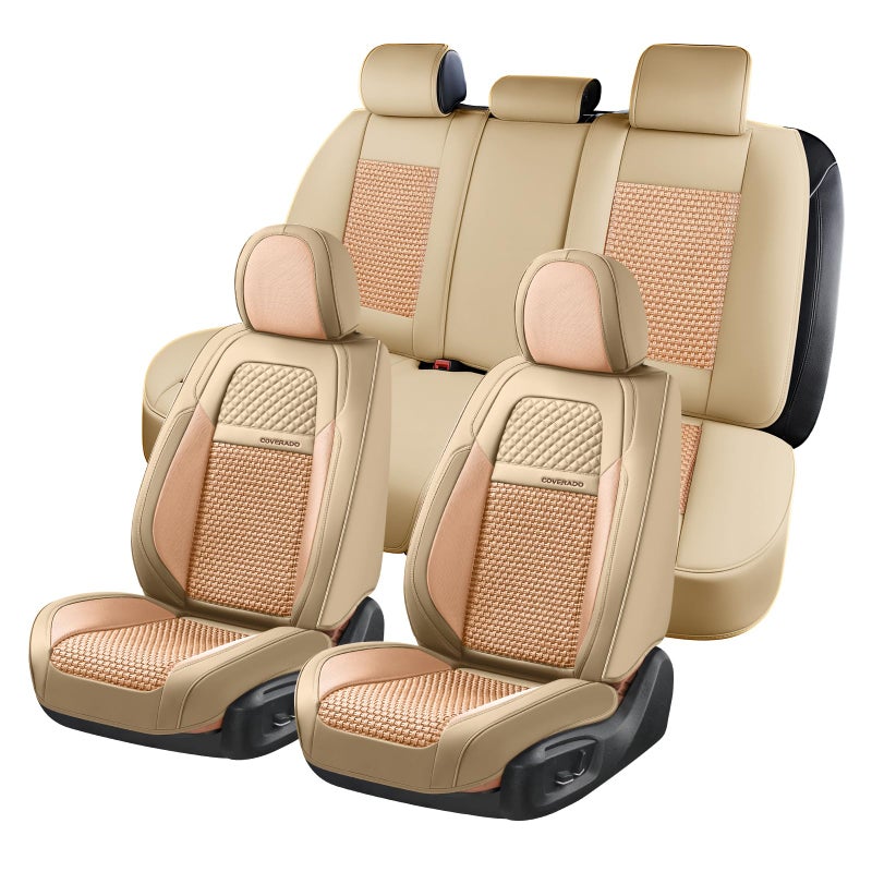 Coverado Car Seat Covers Full Set Nappa Leather Beige Seat Covers for Cars Waterproof Car Seat Protector Front and Back Seats Universal Fit for Most Vehicles