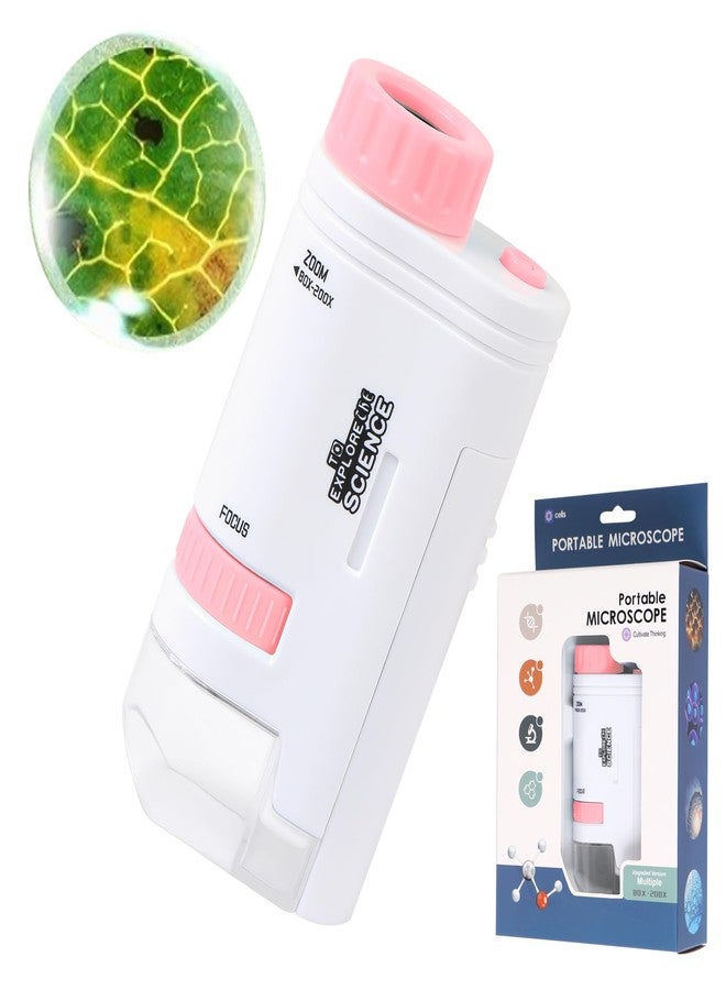 Aunifun ميكروسكوب أونيفون محمول جيب ميني سكوبي 80X-200X ميكروسكوب محمول مع ضوء LED للتعلم والتعليم والاستكشاف (وردي) - Image 1