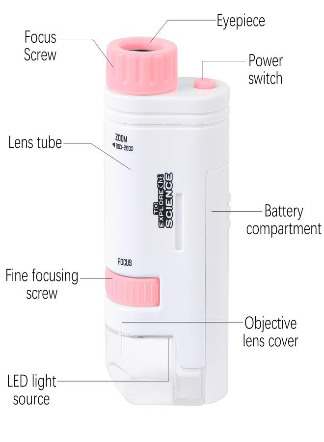 Aunifun ميكروسكوب أونيفون محمول جيب ميني سكوبي 80X-200X ميكروسكوب محمول مع ضوء LED للتعلم والتعليم والاستكشاف (وردي) - Image 2