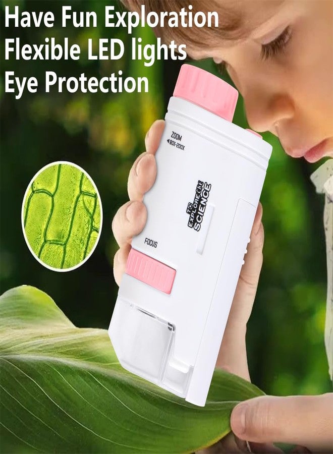 Aunifun ميكروسكوب أونيفون محمول جيب ميني سكوبي 80X-200X ميكروسكوب محمول مع ضوء LED للتعلم والتعليم والاستكشاف (وردي) - Image 4