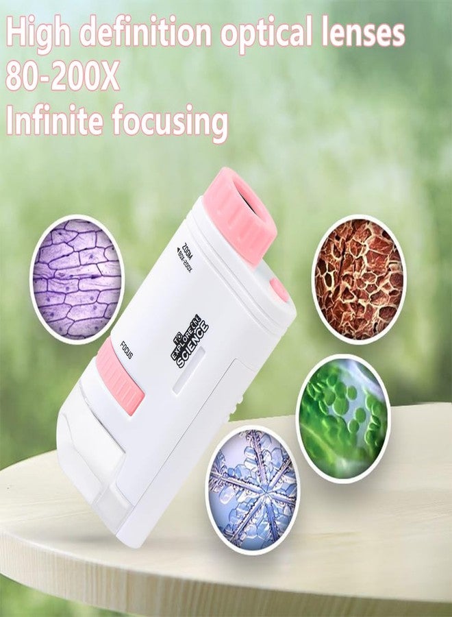 Aunifun ميكروسكوب أونيفون محمول جيب ميني سكوبي 80X-200X ميكروسكوب محمول مع ضوء LED للتعلم والتعليم والاستكشاف (وردي) - Image 5