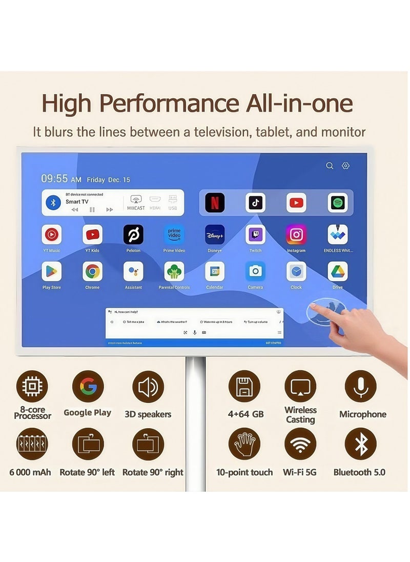 21.5 Inch Portable TV Floor Smart Screen - LCD Touch Display Screen with Adjustable Stand -Build-in Camera, 4G RAM+64G Storage