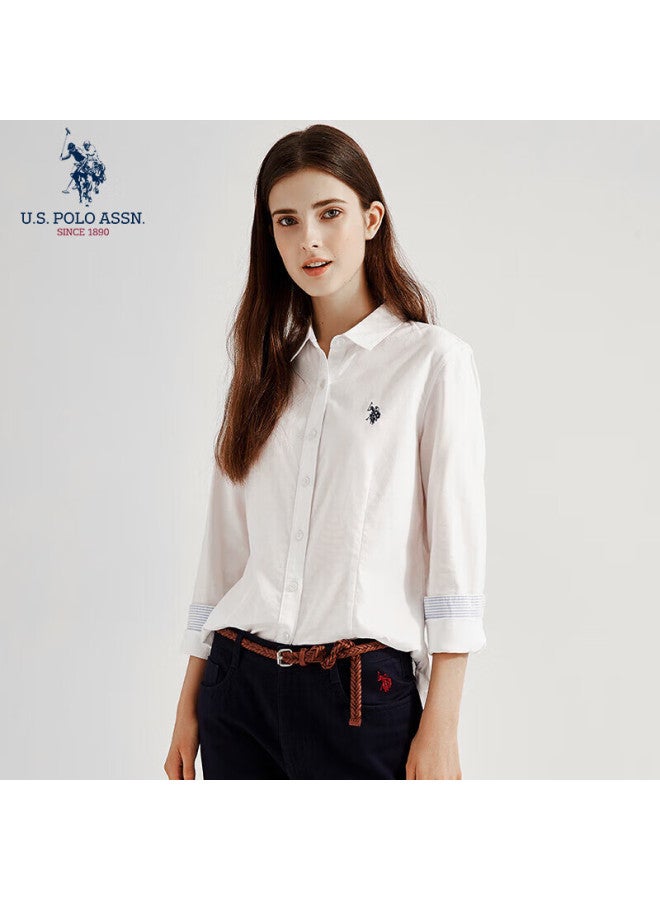 U.S. Polo Assn. قميص نسائي بأكمام طويلة من يو إس بولو أسن، لون موحد، مضاد للتعرض، كاجوال للأعمال، بلوزة قطنية نقية، تنقلات الربيع، ياقة مقلوبة، قمة نسائية - Image 1