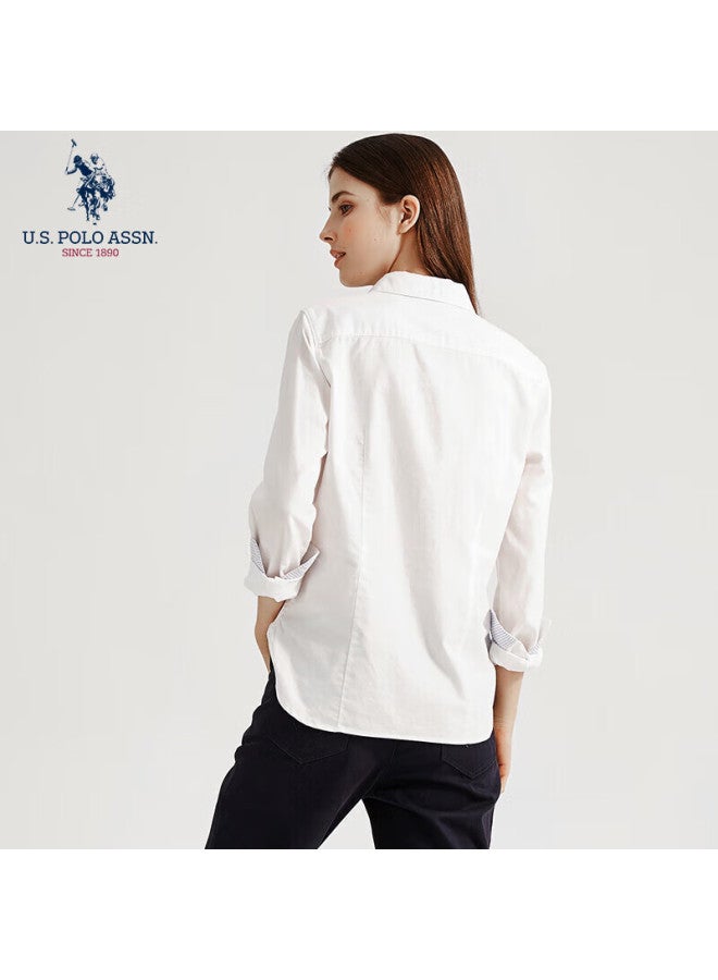 U.S. Polo Assn. قميص نسائي بأكمام طويلة من يو إس بولو أسن، لون موحد، مضاد للتعرض، كاجوال للأعمال، بلوزة قطنية نقية، تنقلات الربيع، ياقة مقلوبة، قمة نسائية - Image 2