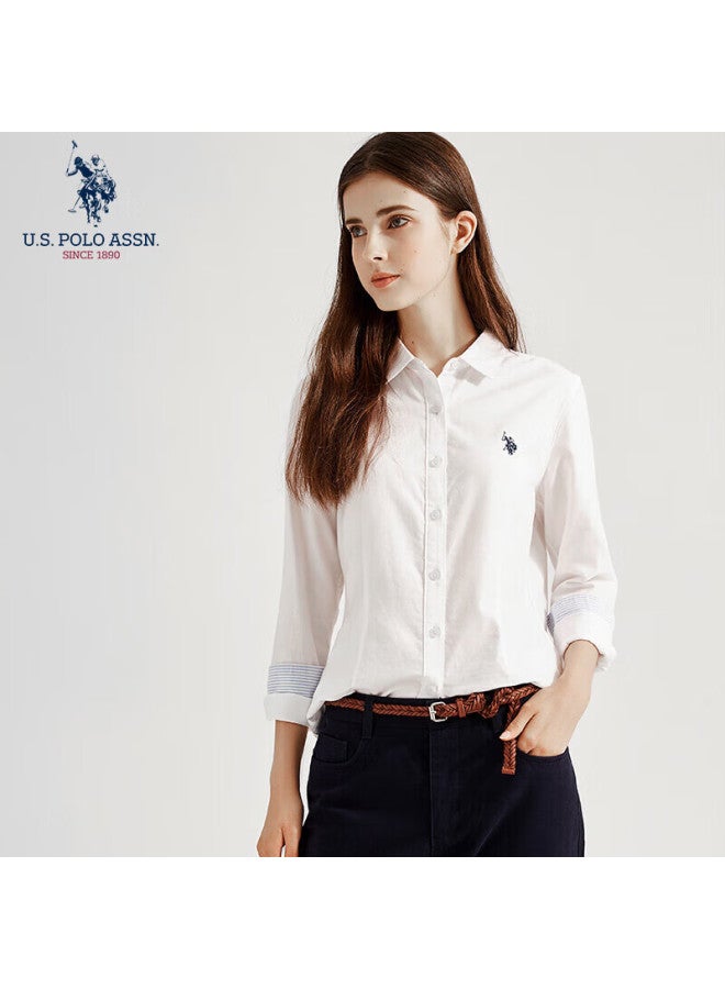 U.S. Polo Assn. قميص نسائي بأكمام طويلة من يو إس بولو أسن، لون موحد، مضاد للتعرض، كاجوال للأعمال، بلوزة قطنية نقية، تنقلات الربيع، ياقة مقلوبة، قمة نسائية - Image 4