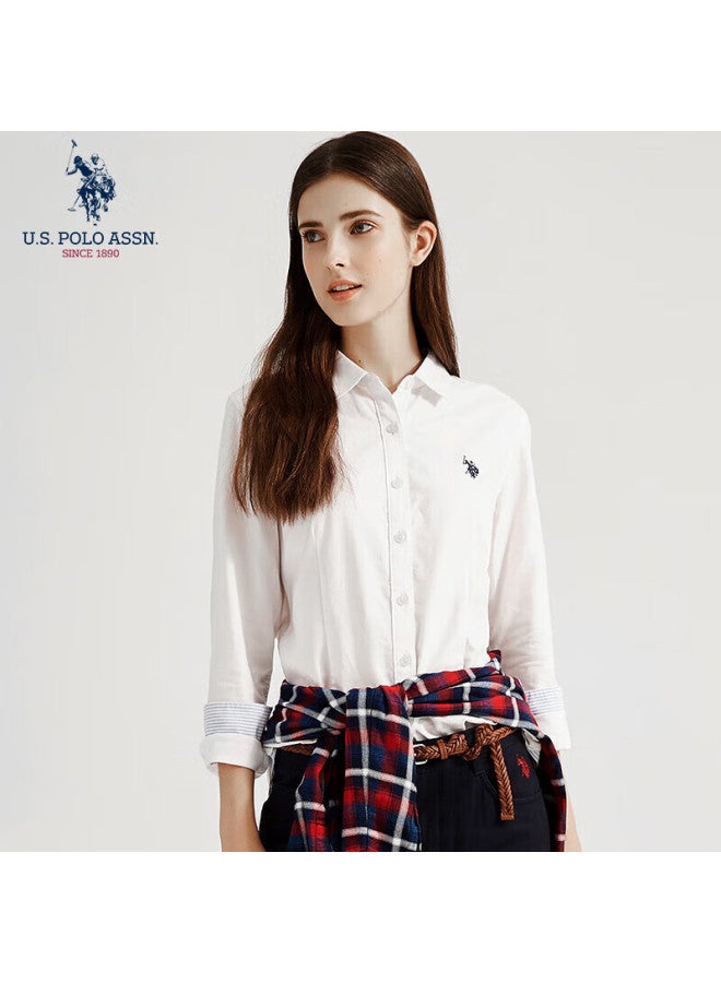U.S. Polo Assn. قميص نسائي بأكمام طويلة من يو إس بولو أسن، لون موحد، مضاد للتعرض، كاجوال للأعمال، بلوزة قطنية نقية، تنقلات الربيع، ياقة مقلوبة، قمة نسائية - Image 5