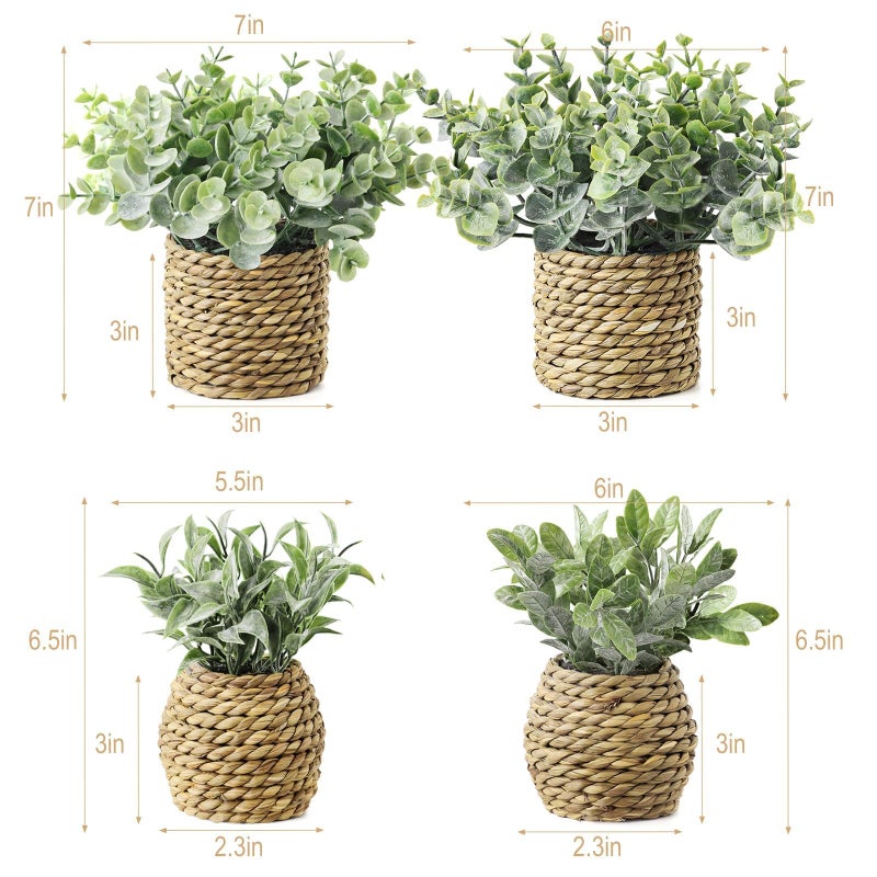 Treory Small Fake Potted Plants: 7 Inches Artificial Plants with Seagrass Handwoven Planters, Indoor Farmhouse Spring Decorations, Eucalyptus Plant for Home Bathroom Office Shelf Tabletop Desk Room Decor - Image 2