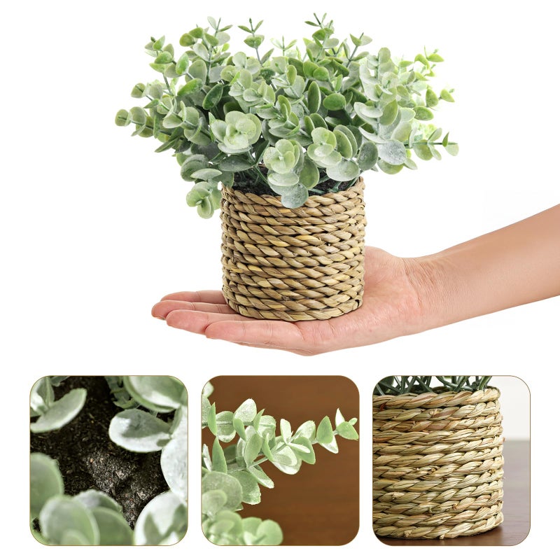 Treory Small Fake Potted Plants: 7 Inches Artificial Plants with Seagrass Handwoven Planters, Indoor Farmhouse Spring Decorations, Eucalyptus Plant for Home Bathroom Office Shelf Tabletop Desk Room Decor - Image 3