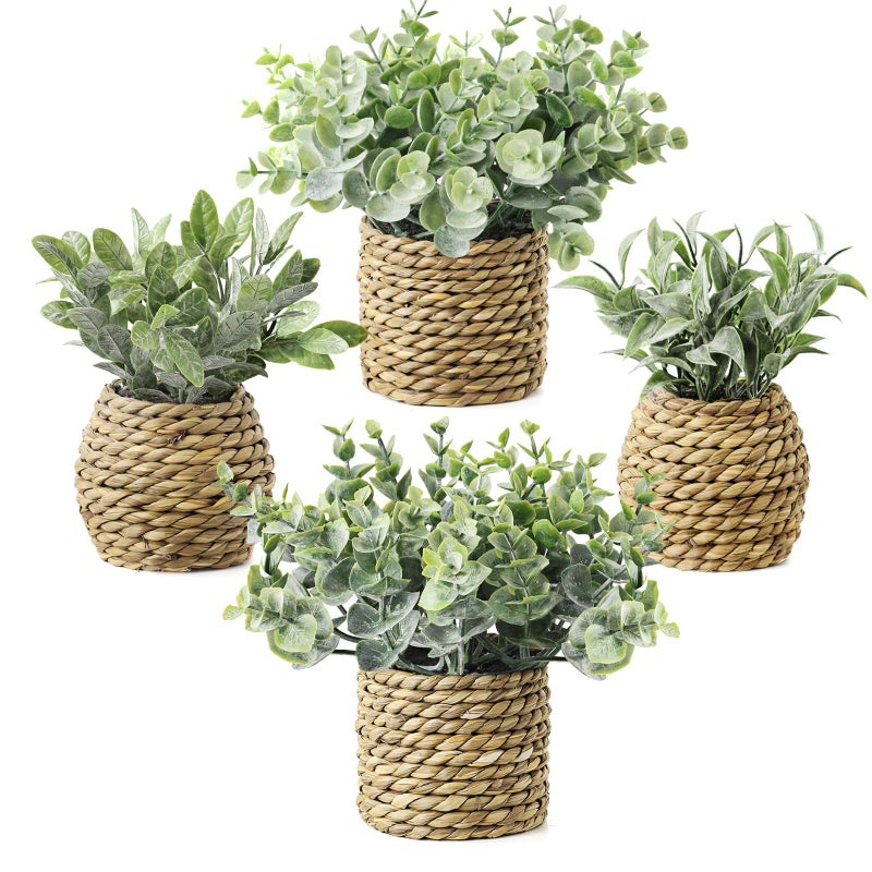Treory Small Fake Potted Plants: 7 Inches Artificial Plants with Seagrass Handwoven Planters, Indoor Farmhouse Spring Decorations, Eucalyptus Plant for Home Bathroom Office Shelf Tabletop Desk Room Decor - Image 1