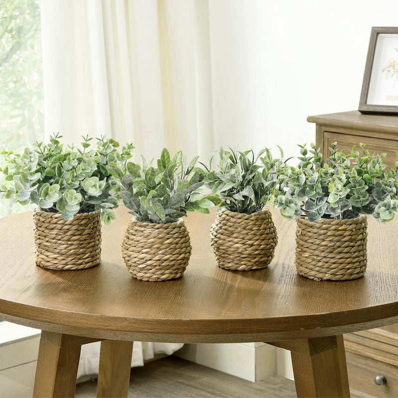 Treory Small Fake Potted Plants: 7 Inches Artificial Plants with Seagrass Handwoven Planters, Indoor Farmhouse Spring Decorations, Eucalyptus Plant for Home Bathroom Office Shelf Tabletop Desk Room Decor - Image 5