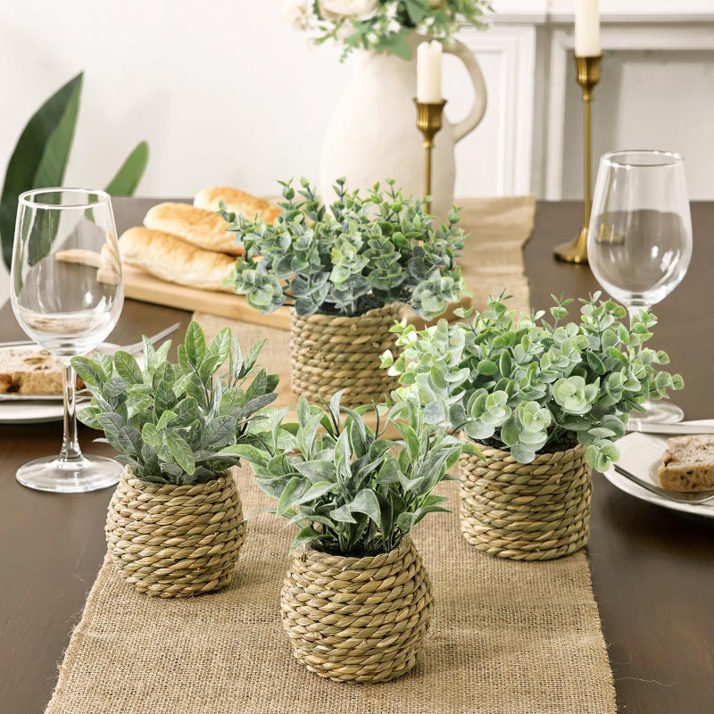 Treory Small Fake Potted Plants: 7 Inches Artificial Plants with Seagrass Handwoven Planters, Indoor Farmhouse Spring Decorations, Eucalyptus Plant for Home Bathroom Office Shelf Tabletop Desk Room Decor - Image 4
