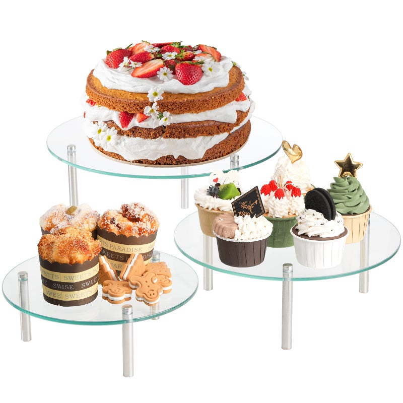 Hacaroa 3 Pcs Tempered Glass Cupcake Stands for Party 911126 Inch Round Food Display Stand Clear Retail Risers for Cakes Desserts Pastries Appetizers