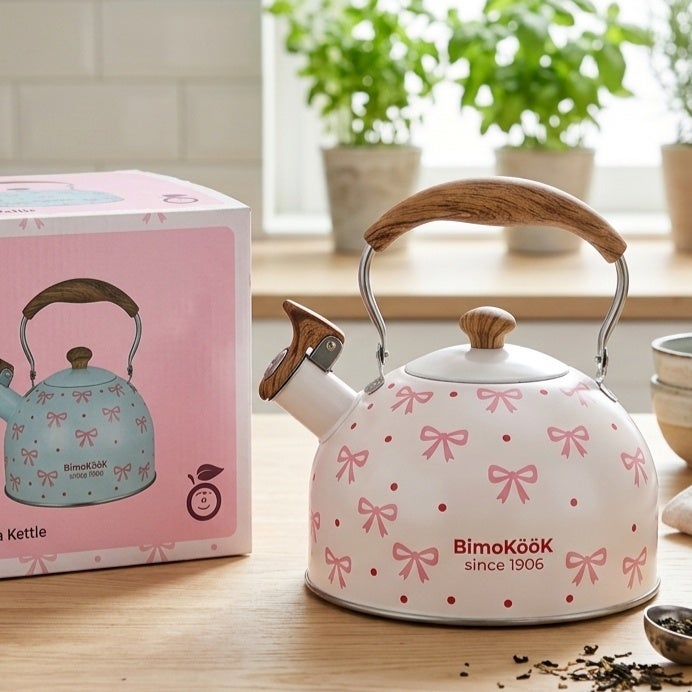 Pink bow-shaped kettle with wooden handle and whistle, 2.5 liters