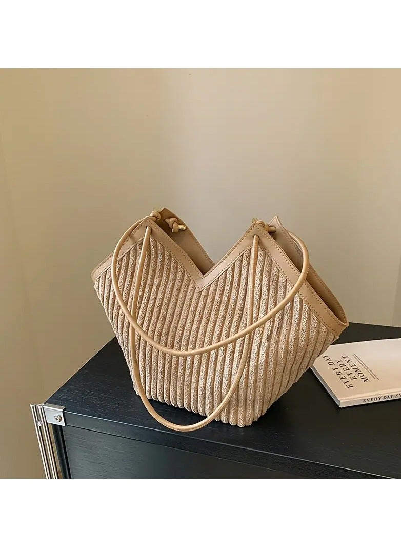 Chia Fashion Striped Pattern Tote Bag, Niche Design V-Shaped Shoulder Bag, Women's Handbag For Commuter, School - Image 1