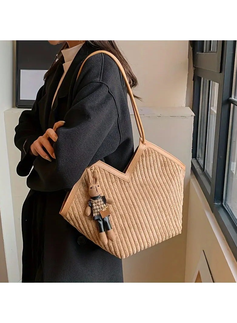 Chia Fashion Striped Pattern Tote Bag, Niche Design V-Shaped Shoulder Bag, Women's Handbag For Commuter, School - Image 3