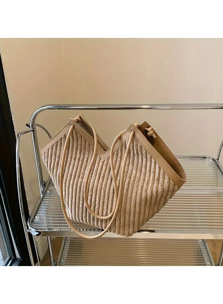 Chia Fashion Striped Pattern Tote Bag, Niche Design V-Shaped Shoulder Bag, Women's Handbag For Commuter, School - Image 2